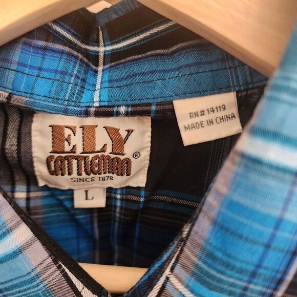 Vintage Ely Cattleman Button Down Shirt Adult Large Pearl Snap Blue Plaid Men’s - Picture 5 of 6